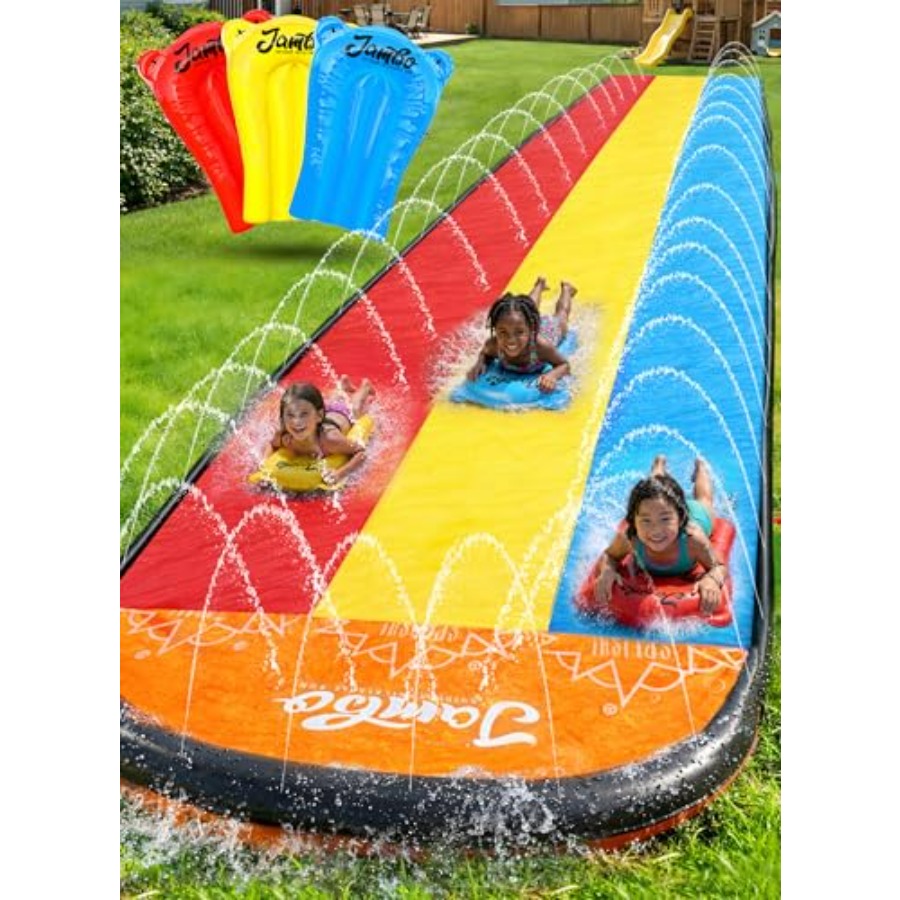 Kids Outdoor Water Slide - 子供向け裏庭屋外水遊び：トリプルレーンのスリップ＆スプラッシュ＆スライド、PVC素材、青と黄色、22.5フィート、内蔵サーフボード付き