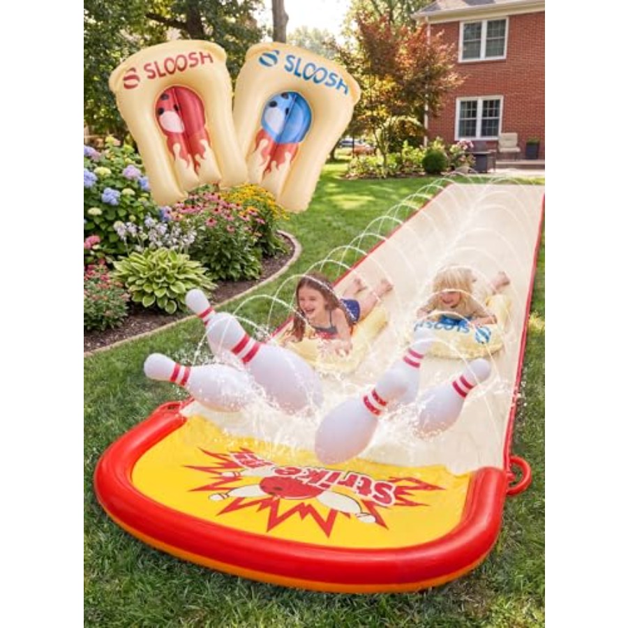 Kids Outdoor Water Slide - 子供向け裏庭屋外遊び：20フィートの芝生用ウォータースライドボーリングゲームセット、PVC素材、青と黄色、内蔵スプリンクラー付き