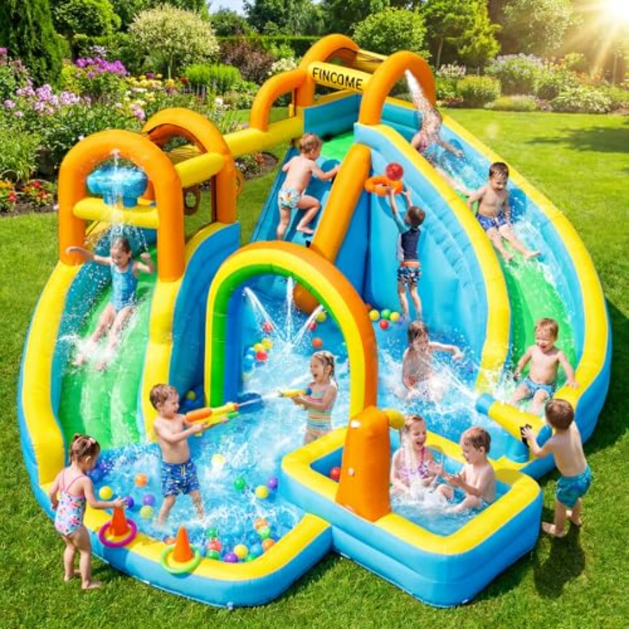 Kids Outdoor Water Slide - 子供用裏庭屋外インフレータブルウォータースライドパーク：PVC素材、青と黄色、スプラッシュプール付きデュアルスライド、バスケットボール付き