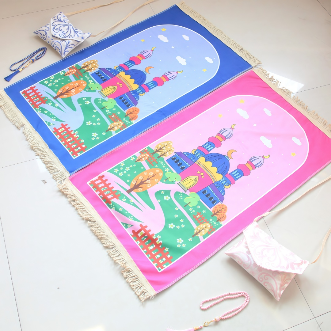 Kids Outdoor Floor Cushions - 子供向けプリント入りクロスボディバッグセット、祈りの数珠付きベルベット製礼拝マット、子供用家庭用クッション