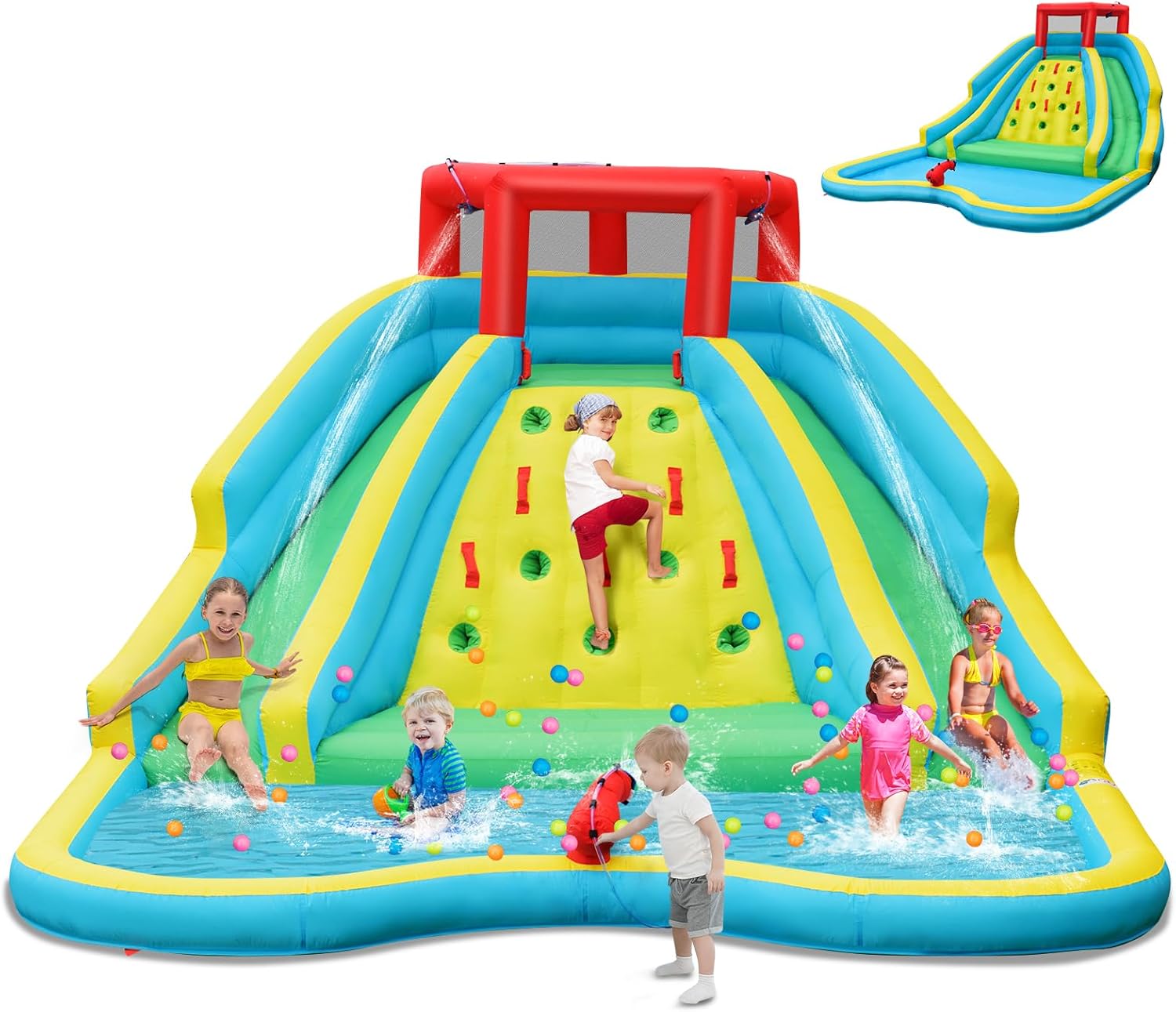 Kids Outdoor Water Slide - 巨大な子供用インフレータブルウォータースライド、2つの長いスライドとクライミングウォール付き屋外ウォーターパーク、ウォーターキャノンとホース、大型スプラッシュプール、裏庭用ブロワー付きウォータースライド（ブロワーは含まれていません）