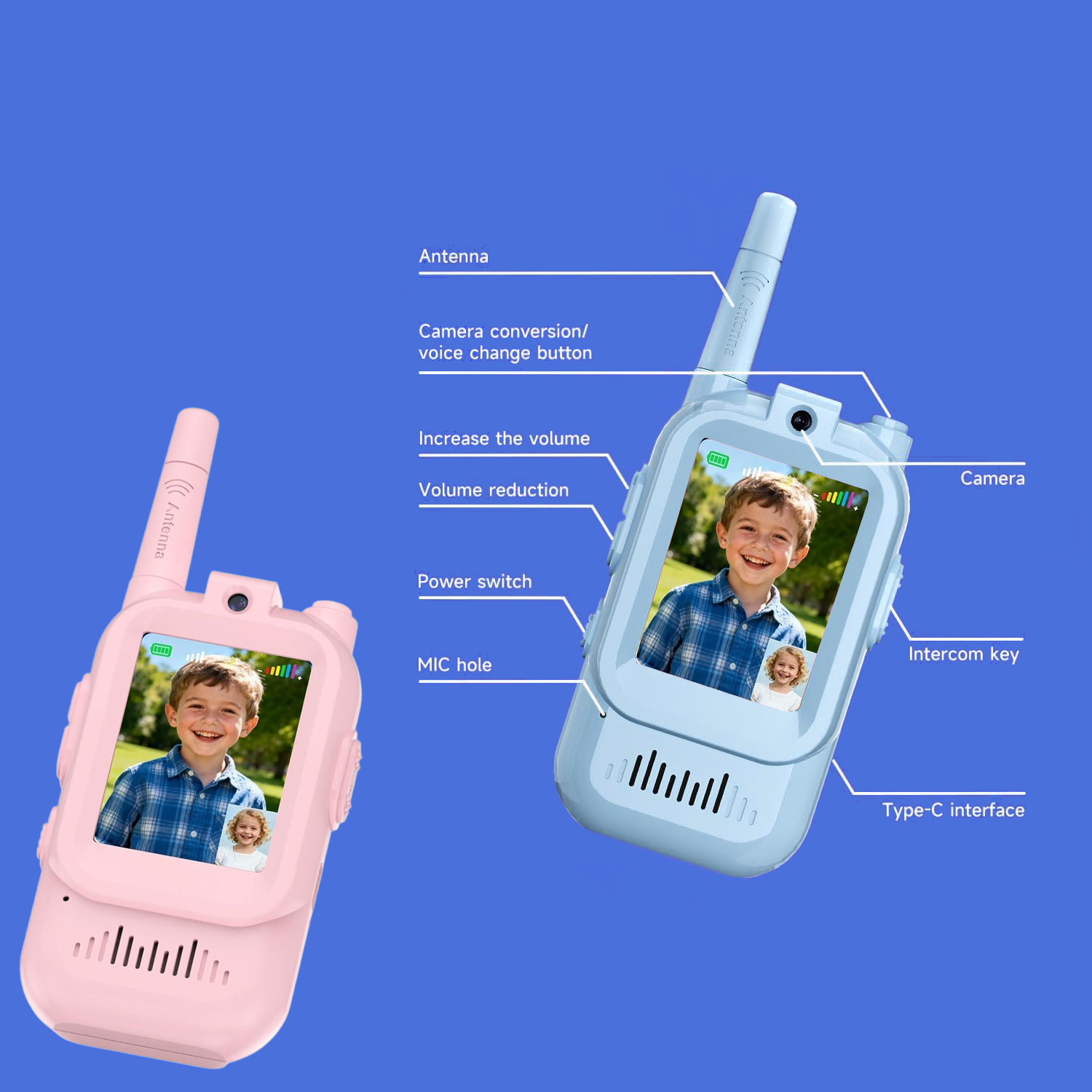 Kids Outdoor Voices - 子供用2個セット ビデオウォーキートーキー ディスプレイ画面付き 音声変換機能 長距離リアルタイムビデオチャット 子供向けギフト