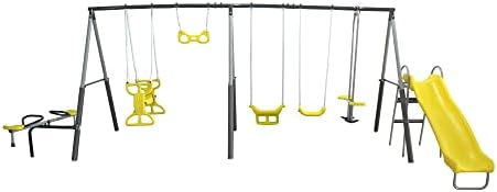 Kids Outdoor Swing Set With Slide - サンプレイグラウンド メタルA Fe キッズスイングセット 屋外裏庭プレイセット付き スライド、シーソー、グライダー、スイング付き
