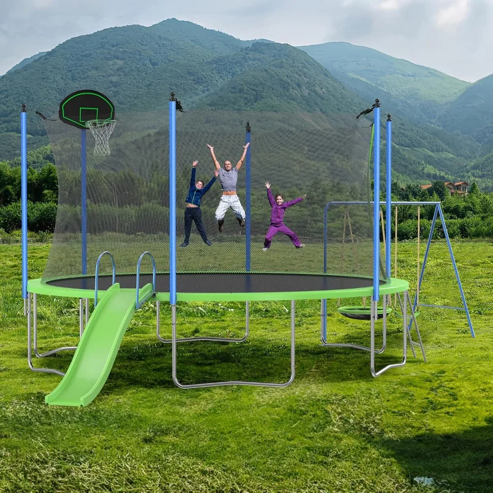 Kids Outdoor Swing Set With Slide - 米国発送 12～14フィート トランポリンセット スライド、バスケットボールフープ、スイング、はしご、安全ネット付き 屋外裏庭遊び場 子供用