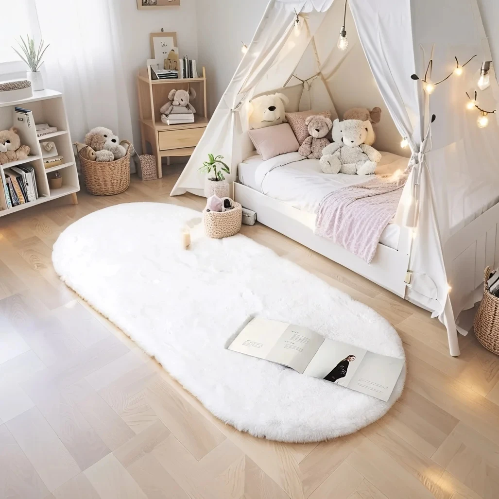 Kids Outdoor Floor Cushions - オーバル型フェイクラビットファーラグ 超ソフトプラッシュカーペット リビングルーム 子供部屋 プレイゲーム用フロアマット ホームデコレーション