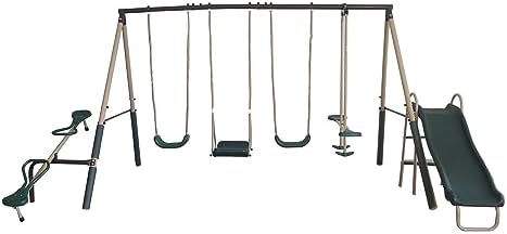 Kids Outdoor Swing Set With Slide - 屋外遊び用子供用メタル製バックヤードプレイセット、スイングセット（スイング2個、滑り台、スタンドスイング、ファン グライダー、シーソー付き）
