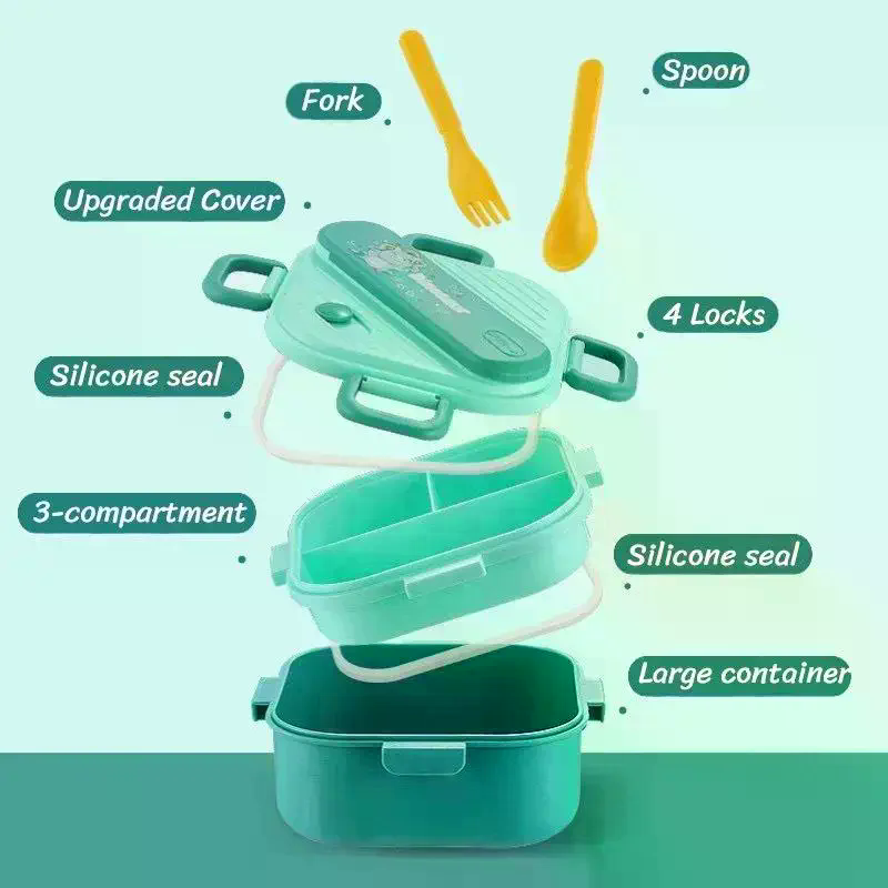 Kids.Outdoor Utensils - 漫画柄キッズ弁当箱 3コンパートメント 漏れ防止蓋 カトラリーセット 食品に安全 学校