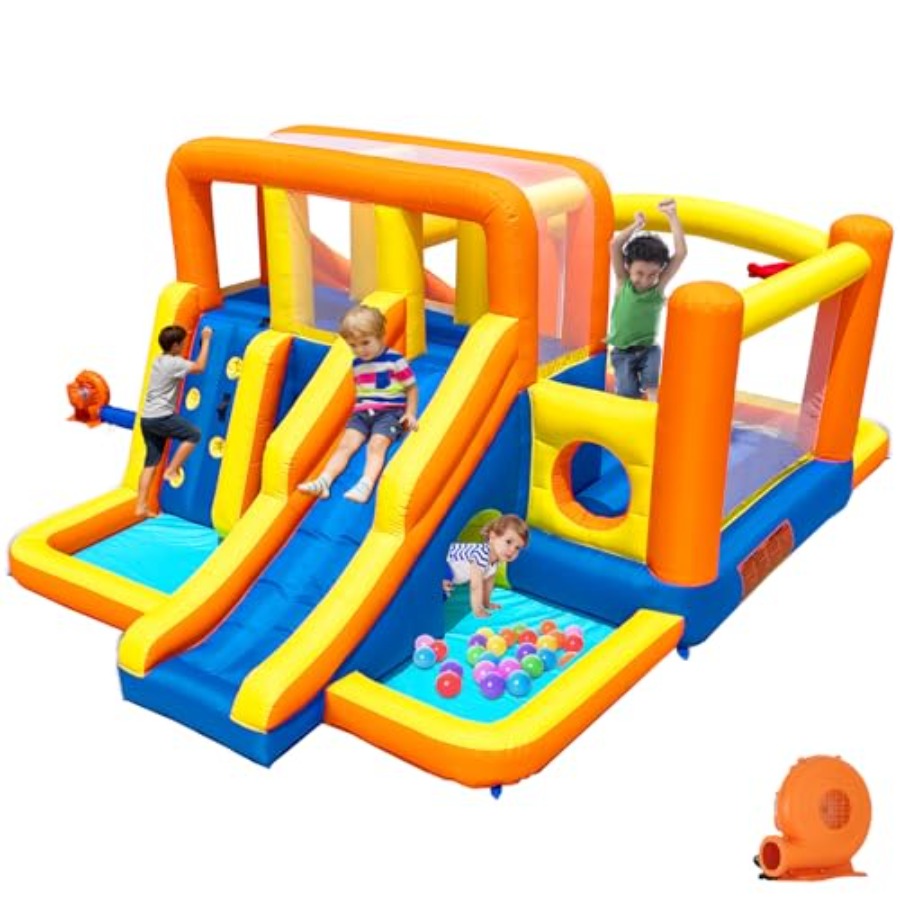 Kids Outdoor Zone - 大型子供用屋外バウンスハウス ウォータースライダー コンボ：頑丈なPVC製、青と赤、ウェット/ドライ分離ゾーン、デュアルスライド、クライミング付き