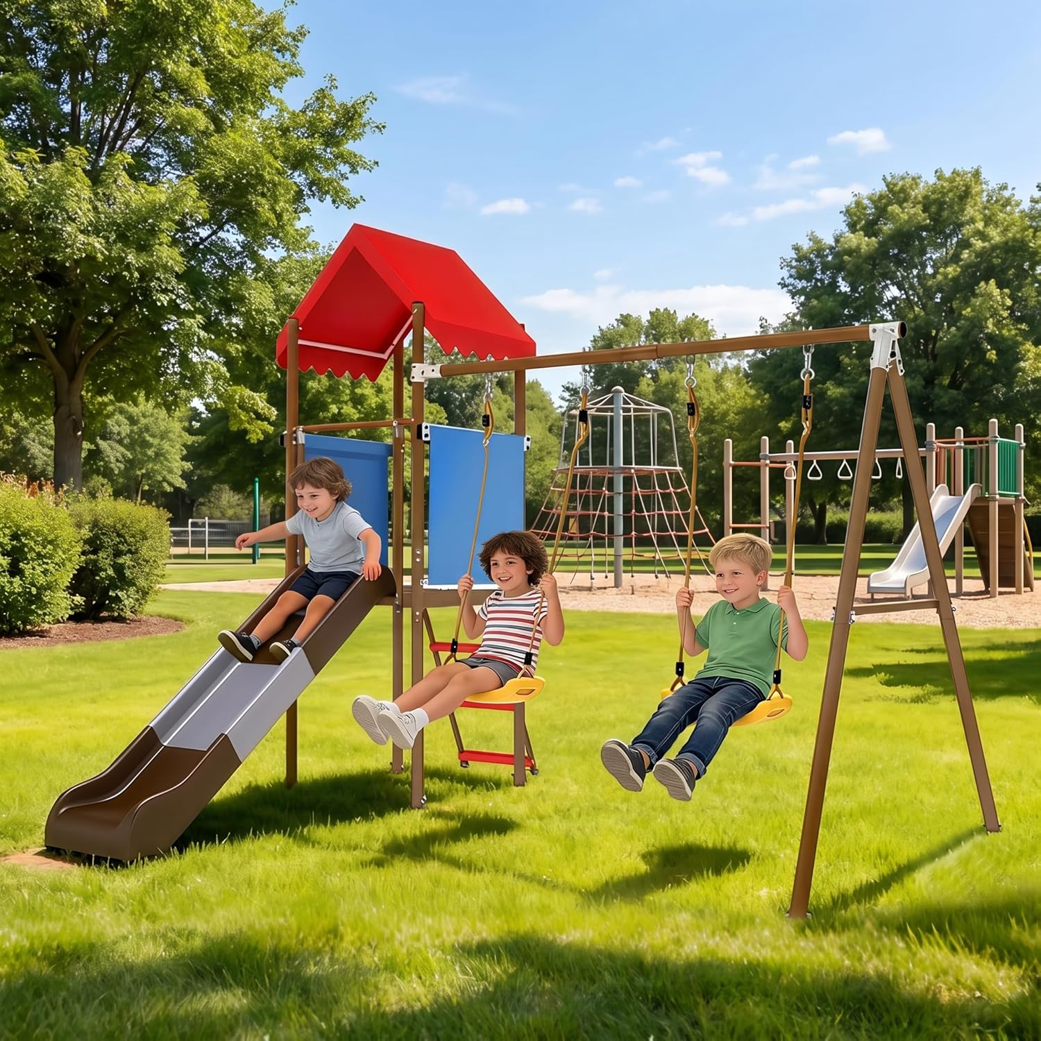 子供用メタルスイングセット、スライド、日よけキャノピー付きプ - Kids Outdoor Swing Set With Slide のレビューと価格